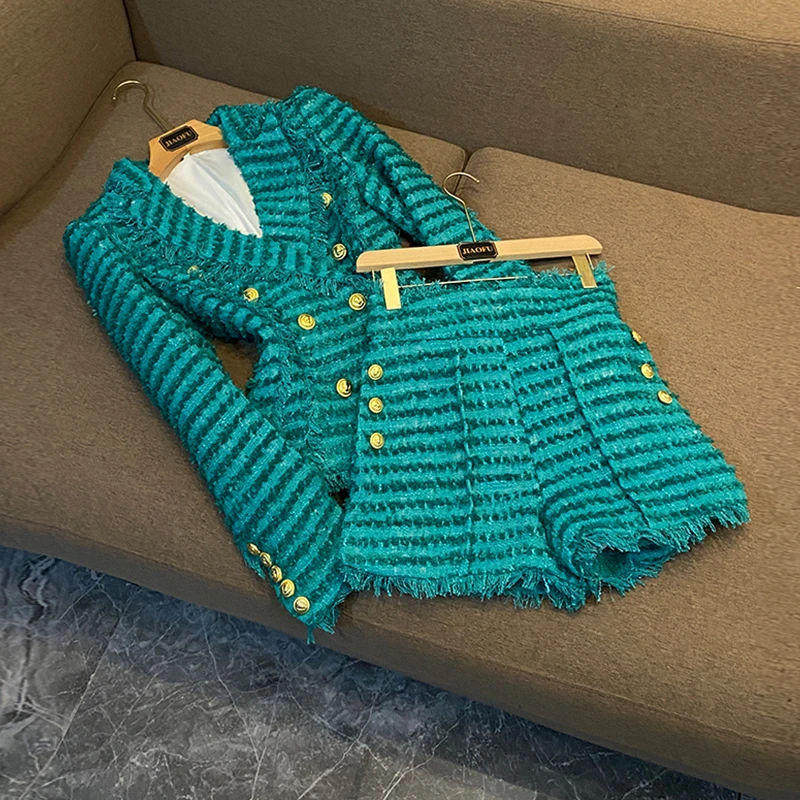 2025秋冬新款时尚流苏须边粗花呢西装气质外套绿色小香风两件套