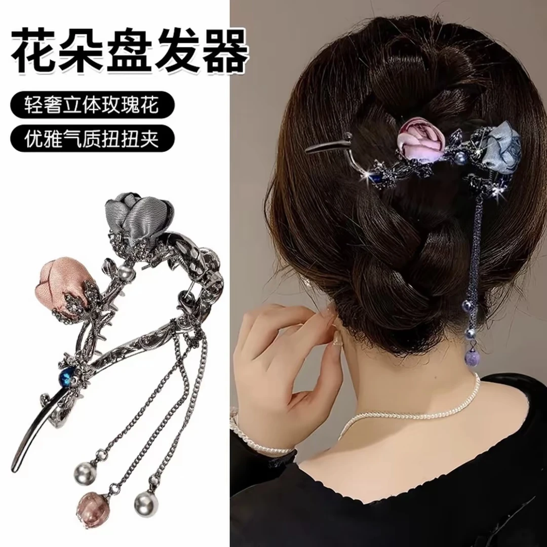 时尚玫瑰花扭扭夹优雅轻奢一字夹盘发新中式发夹2025年新款扭扭夹