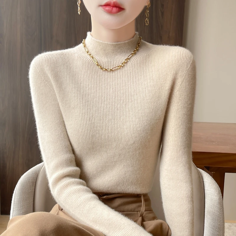 【一线成衣】女纯羊毛衫抽条半高优雅软糯打底毛衣高领毛刺绣新中式
