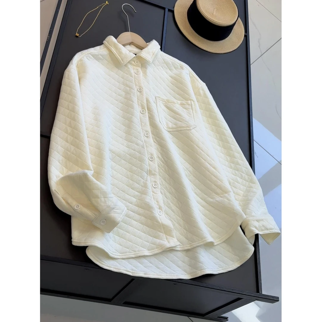 亲肤垂感菱格柔软衬衫外套女宽松百搭翻领时尚外套不挑人