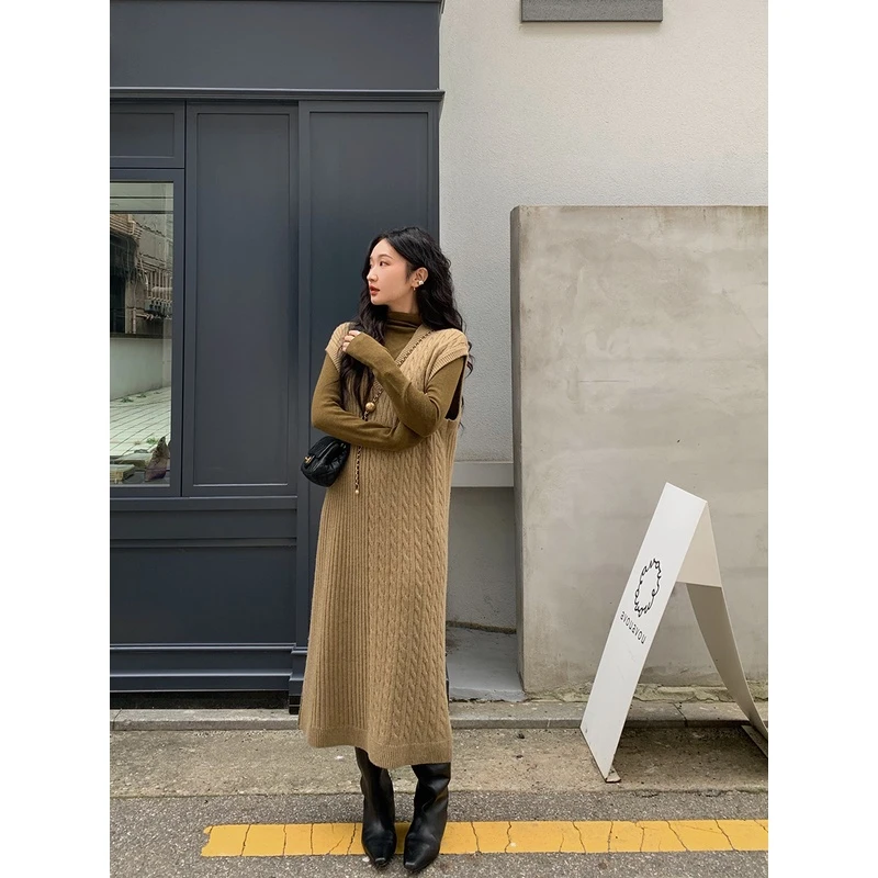 Lit e mode麻花毛衣无袖针织连衣裙女中长款打底背心裙子A1790