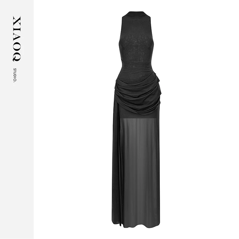 【小Q家】78527气质网纱修身显瘦褶皱微透长裙T