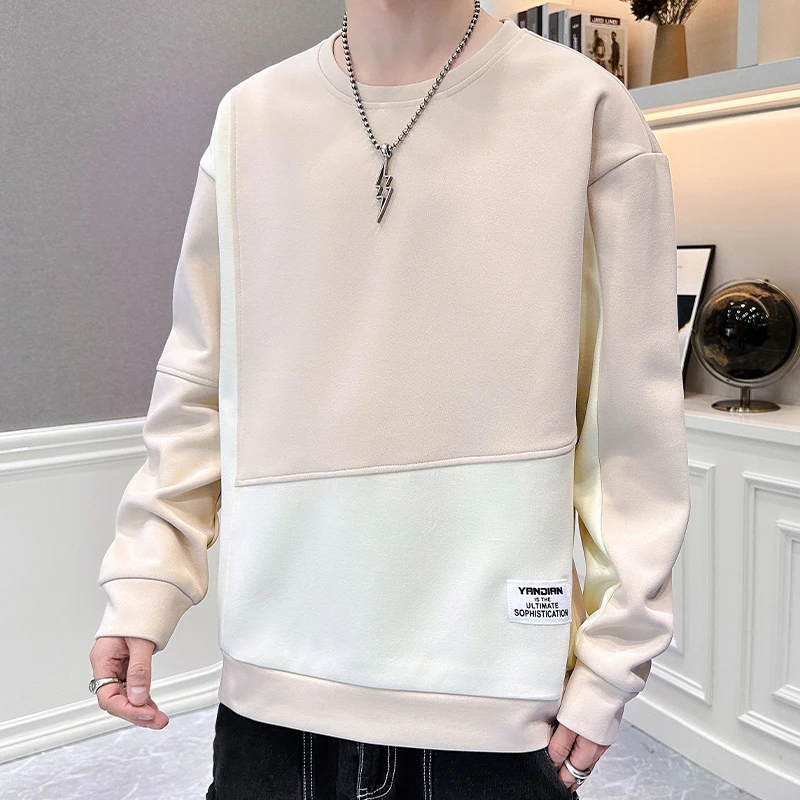 稻草人秋季高档男士休闲卫衣重磅复合拼接面料长袖T恤男设计感拼