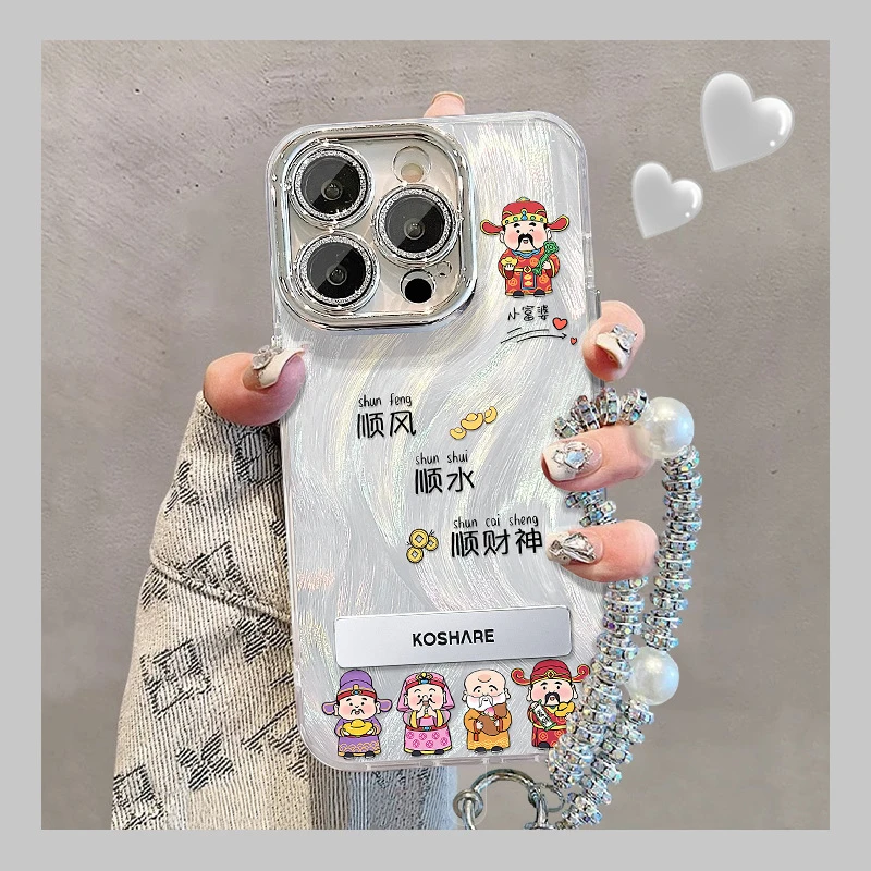 适用苹果15羽纱手机壳iphone14顺风顺水顺财神支架手链13镜头膜12