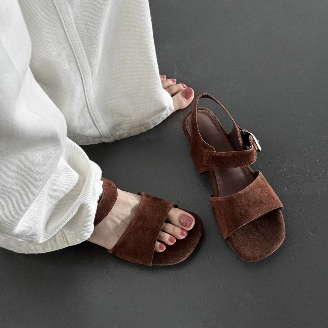 Sheriley77小众百搭夏季软底休闲凉鞋糕底纯色罗马凉鞋一字扣带