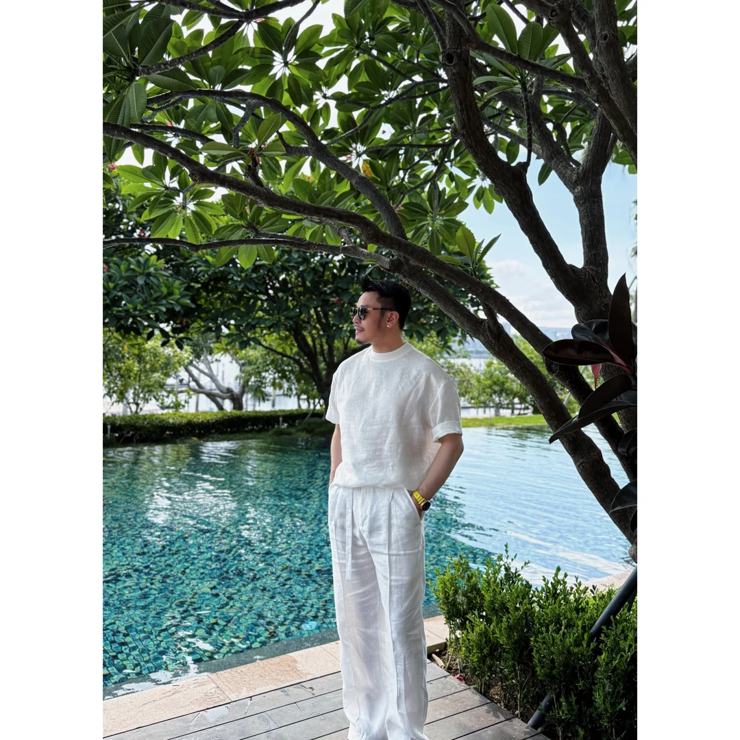 DRUNKCORNER 【亚麻+老钱风】微阔细人字纹圆领短袖T恤系带休闲裤