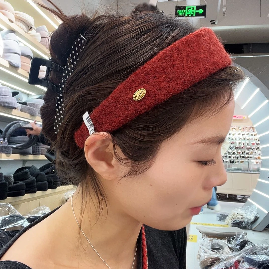 皮质非金属红色毛毡发箍金扣