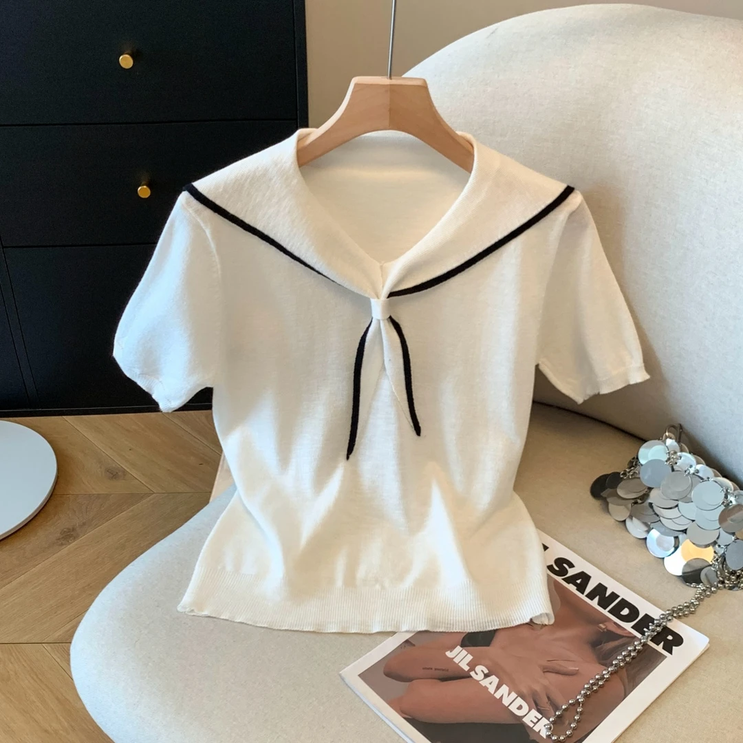 时尚撞色海军领短袖针织衫女装夏季爆款甜美减龄别致上衣洋气短款