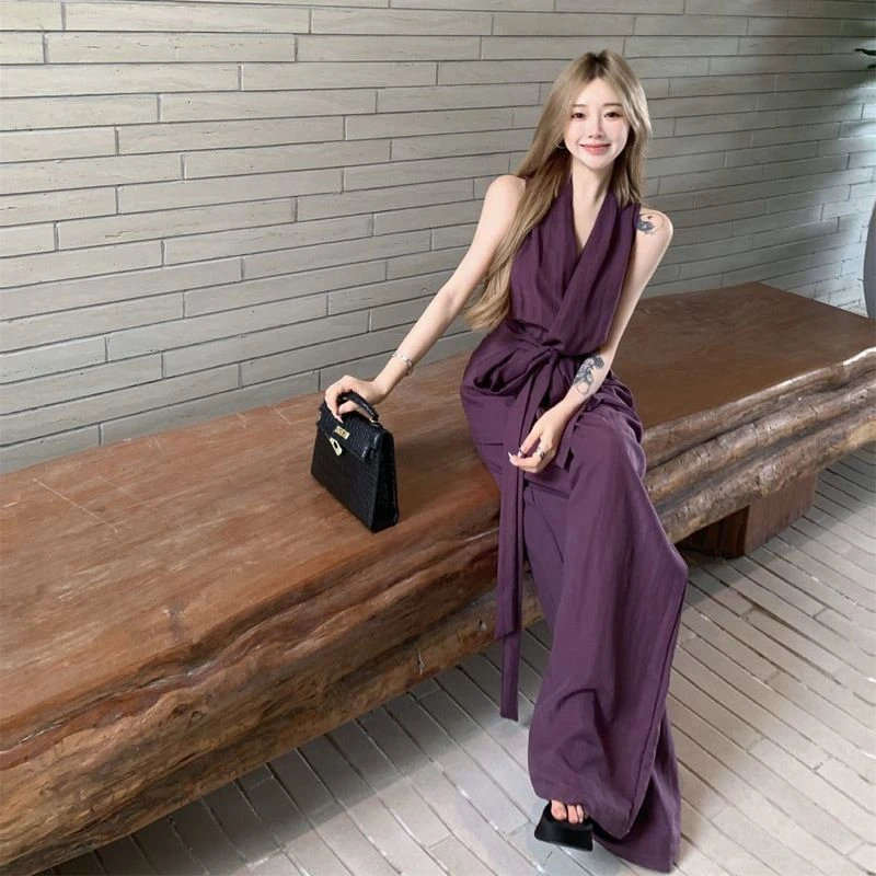 绑带收腰气质套装高级显瘦气质简约套装懒人搭配长裤+背心紫色
