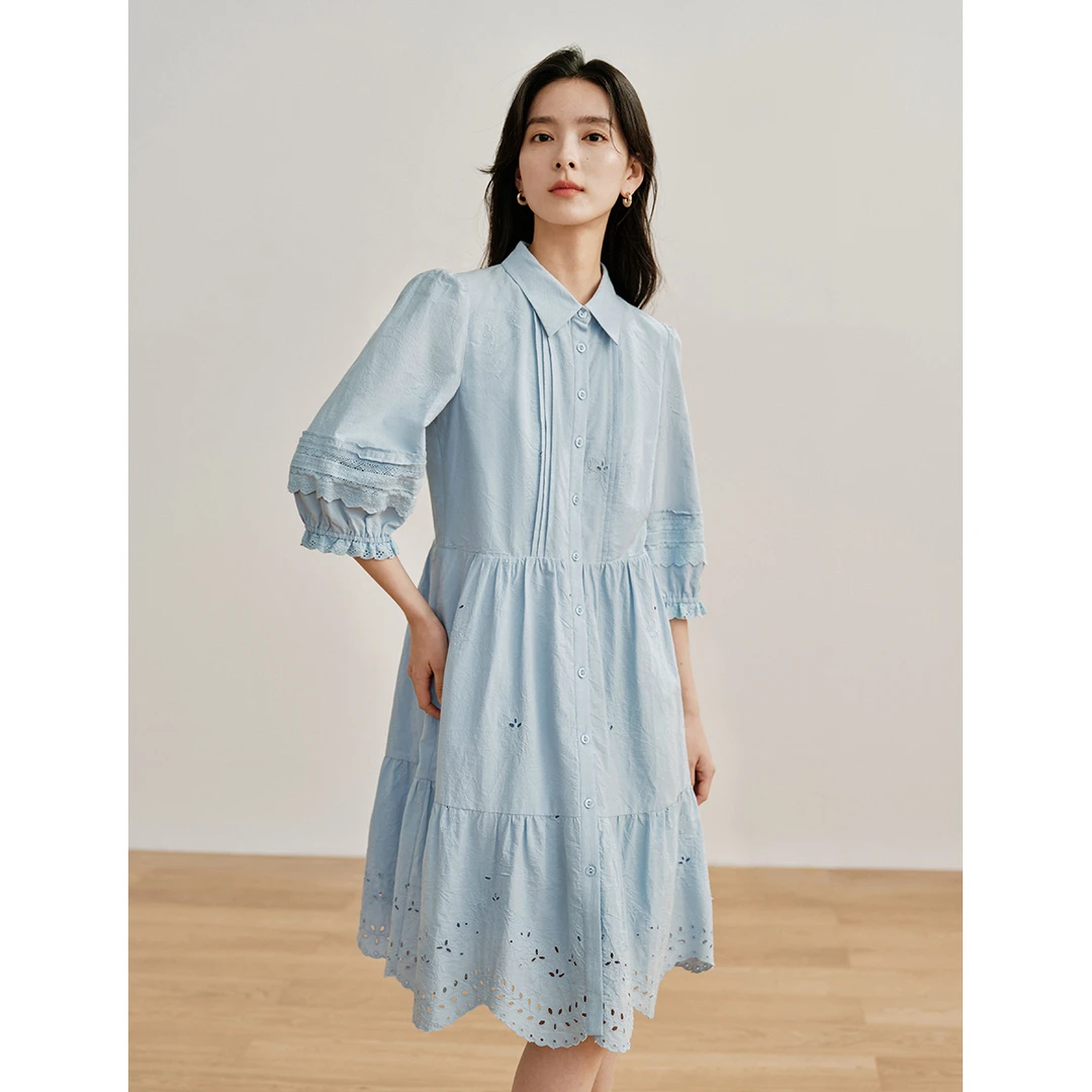 【茵曼女装】茵曼连衣裙裙子气质衬衫短袖休闲娃娃领18416314