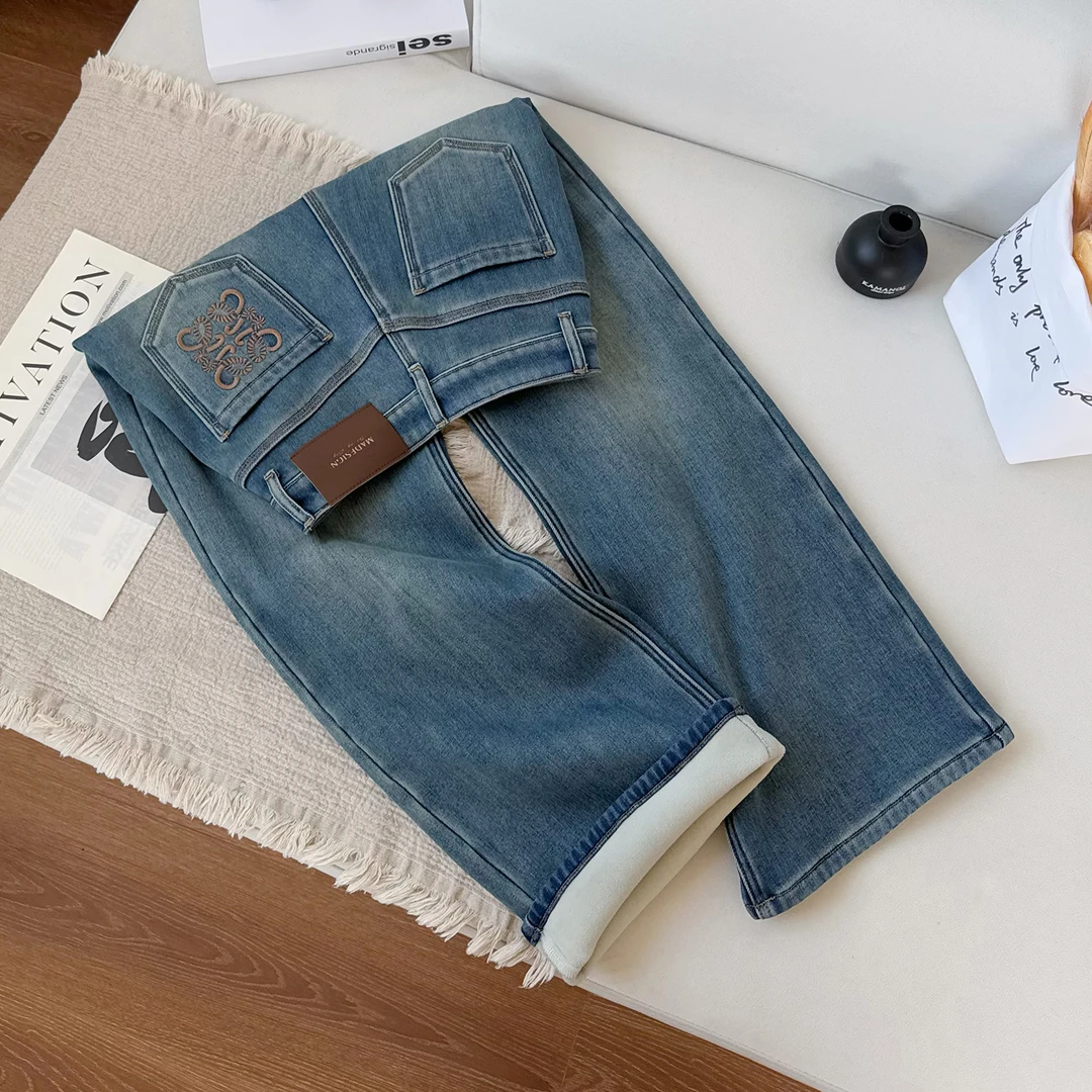星语蓝加绒弹力牛仔裤女2025冬季新款刺绣高腰百搭窄版显瘦直筒裤