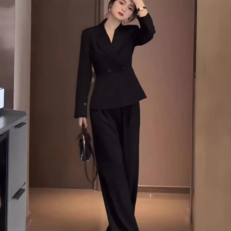 大码胖妹妹西装套装2025秋款休闲时尚气质修身西服外套直筒裤套装