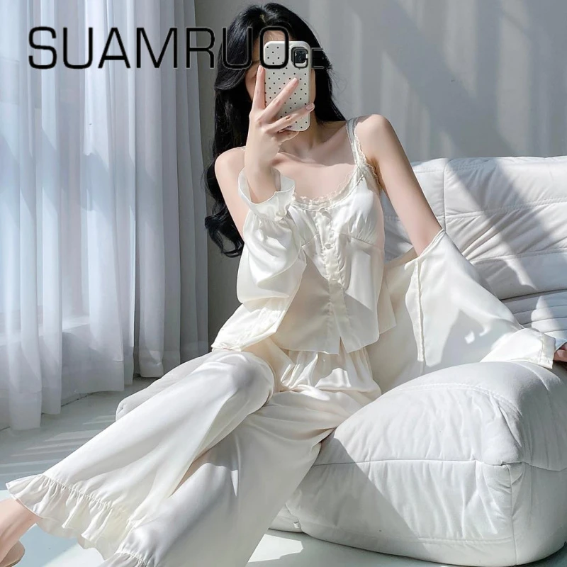 SUAMRUO性感纯欲睡衣套装女爆款冰丝吊带带胸垫长袖家居服三件套