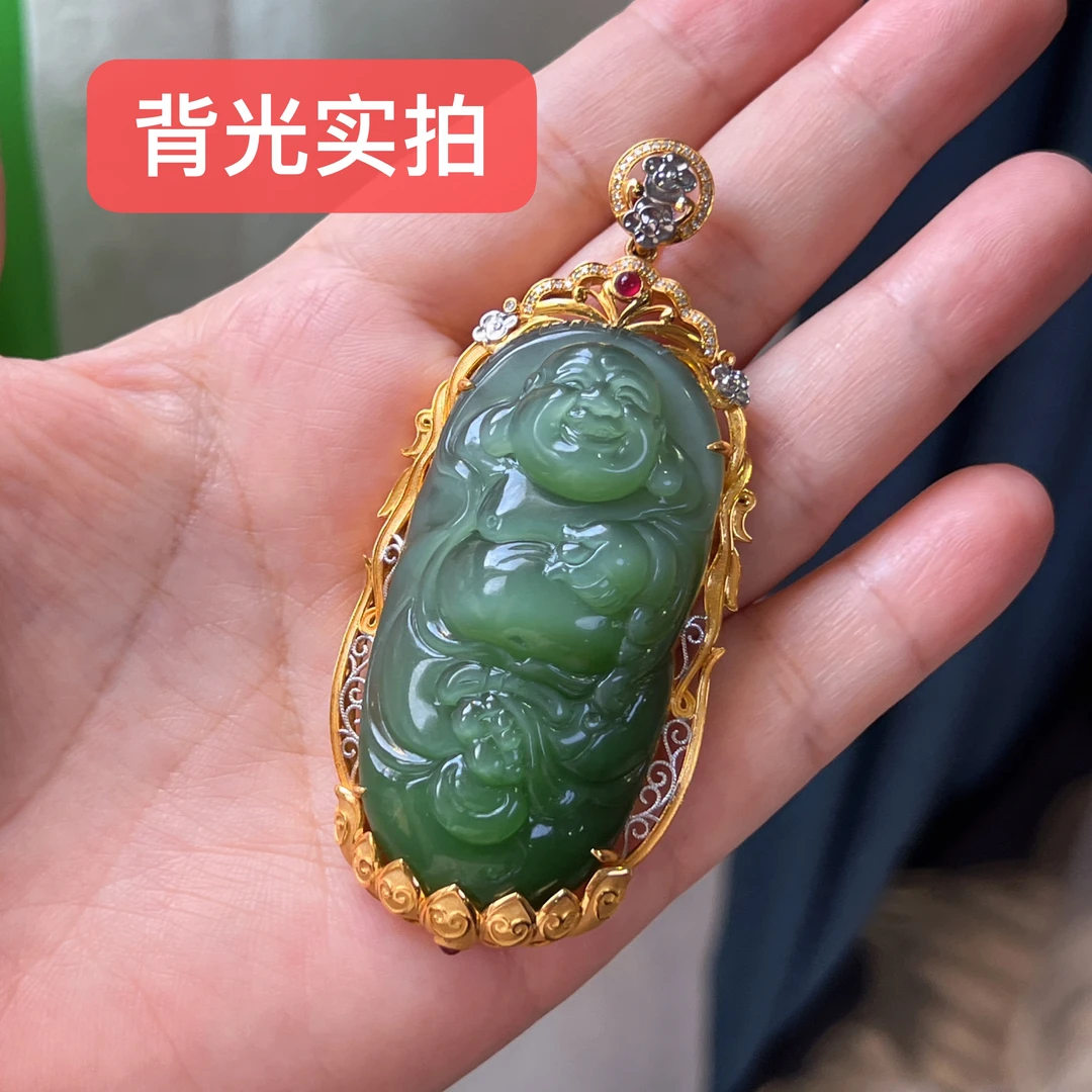 【玉缘汇】传承系列18k金镶嵌和田玉碧玉绿猫眼逍遥佛 冰润细腻猫好