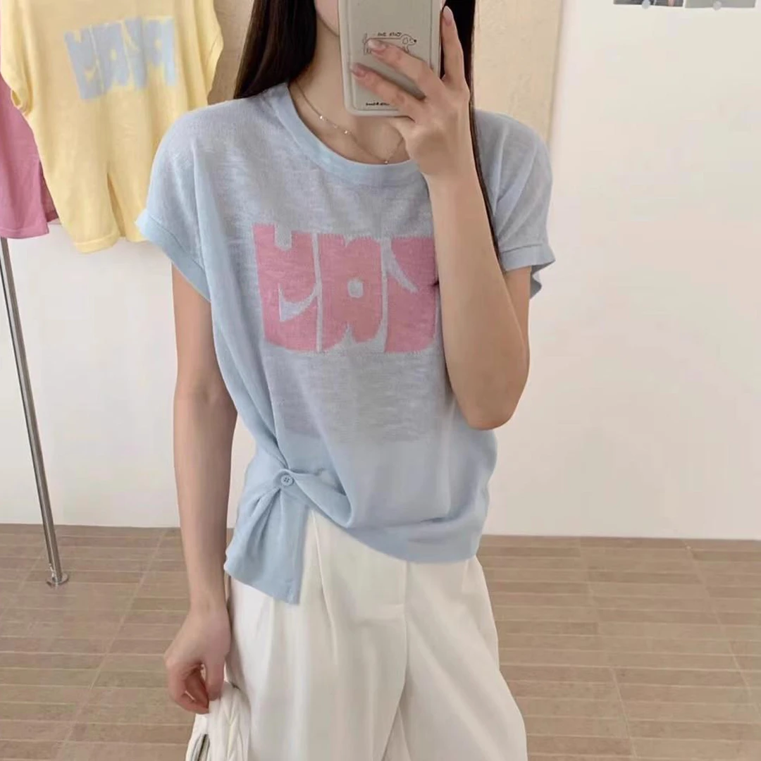 夏季新款韩版侧边一粒扣小个子竹节麻T恤女设计感薄款冰丝针织衫