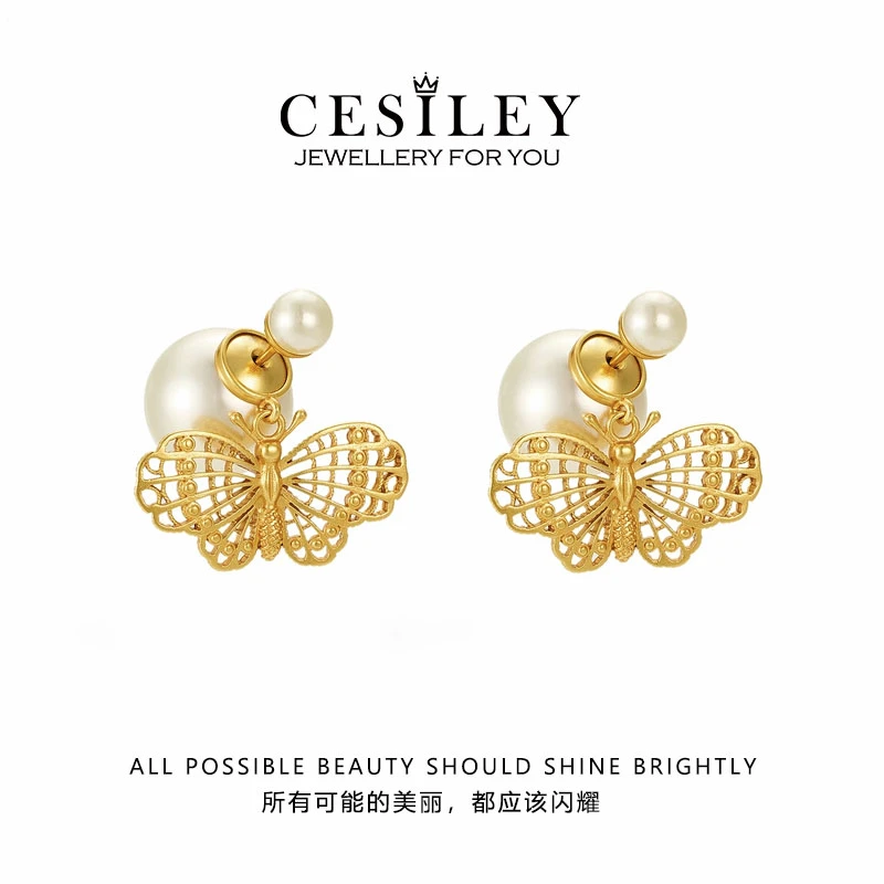 铜合金耳饰 金色两戴镂空蝴蝶耳钉DTA1079