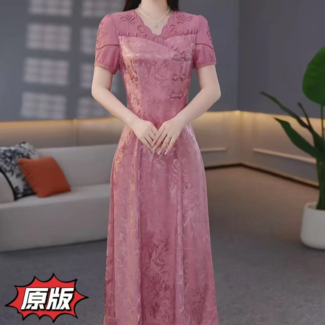 高档冰桑缎时尚新中式礼服裙2025夏季新款显瘦遮肉洋气轻奢连衣裙