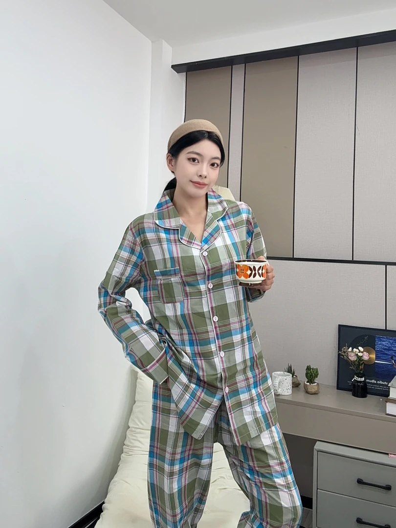 【0247】格子保暖透气长袖睡衣家居服套装家居服套装薄款