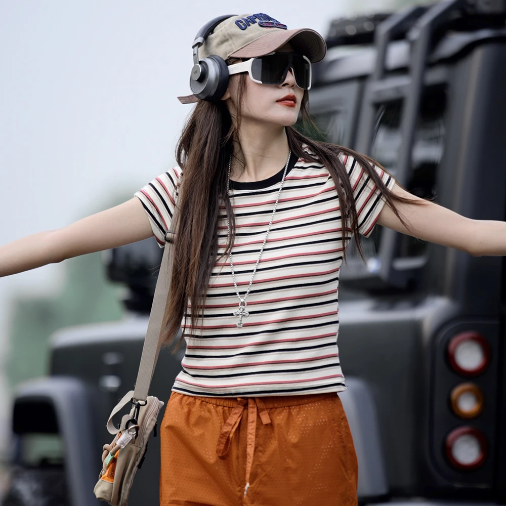 DIDORSSBO夏季女款时尚休闲撞色条纹修身显瘦圆领T恤短袖F7900