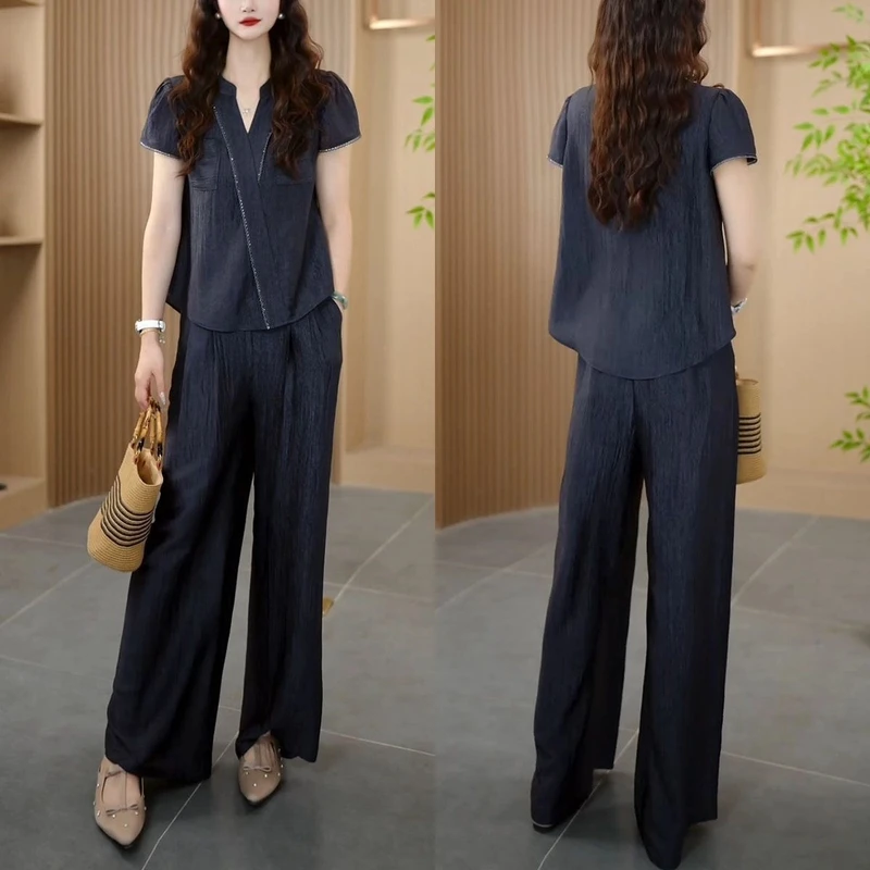 夏季新品短袖简约两件套优雅复古显瘦休闲上衣宽松时尚阔腿裤套装
