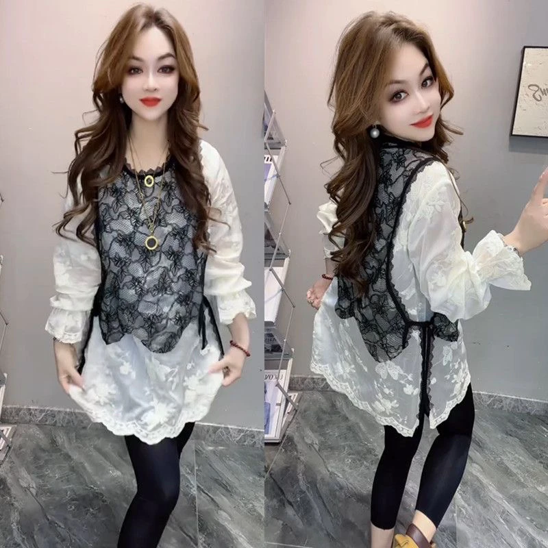 洋气欧洲蕾丝气质刺绣马甲2025新款时尚上衣大码女装打底假两件潮