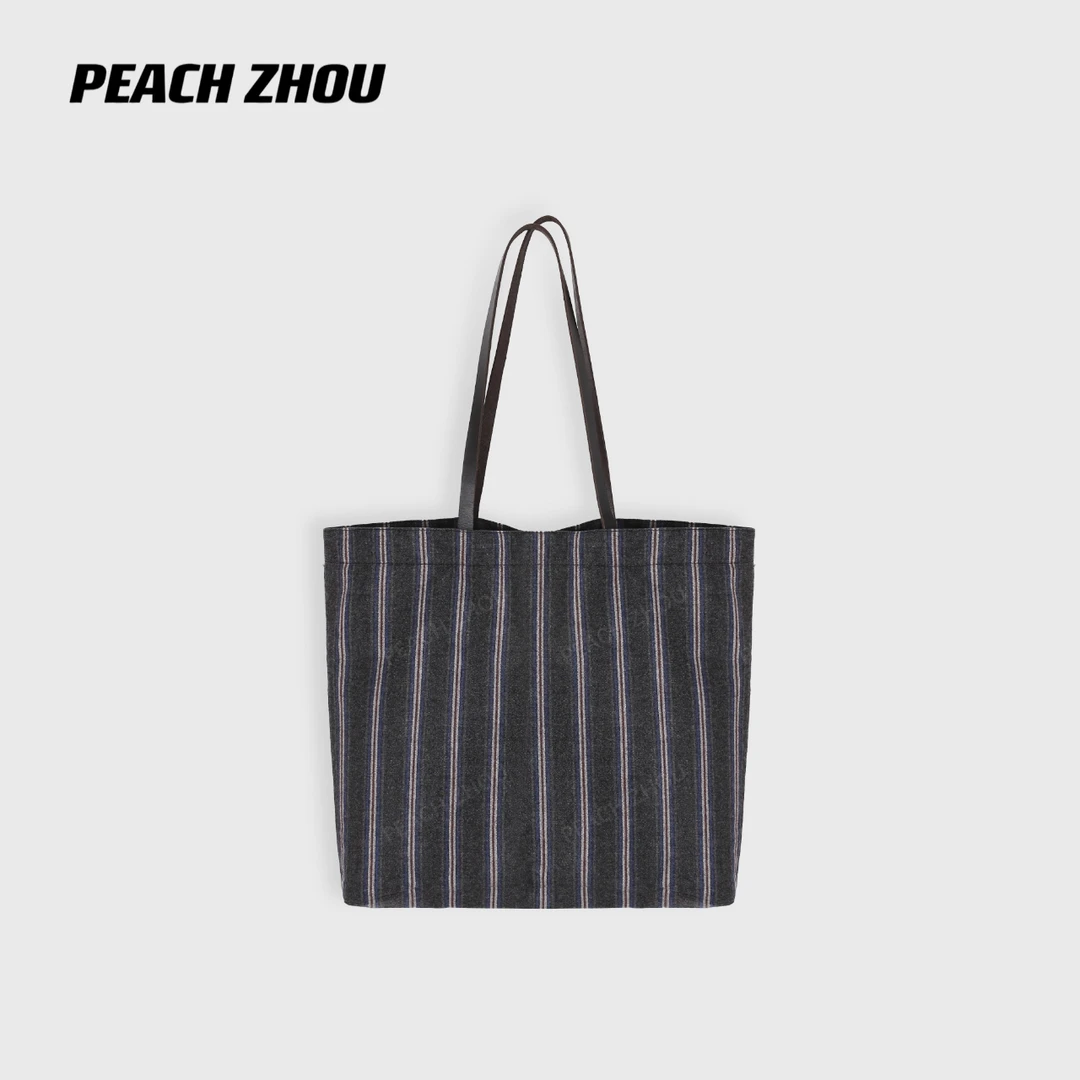 『PEACHZHOU』羊毛牛皮条纹休闲托特包通勤简约百搭手提单肩大包