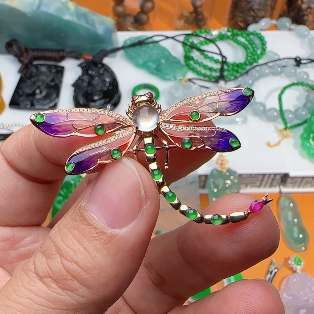 翡翠18K金镶嵌颈饰【胸针】蜻蜓