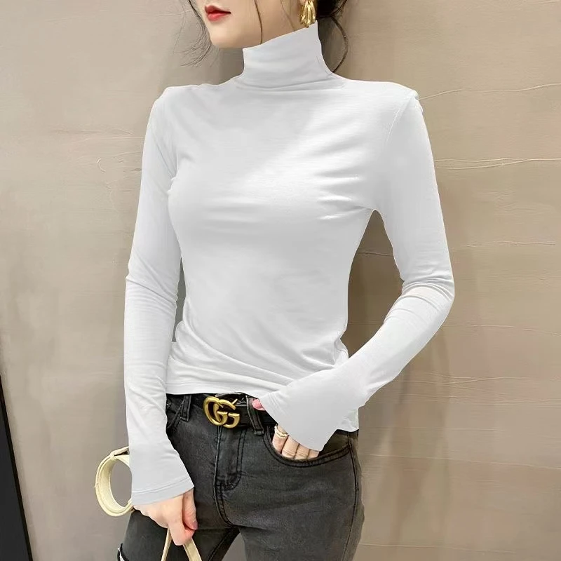 HANNAZ-冬新款半高领莫代尔打底衫女内搭长袖t恤皮粉色修身上衣