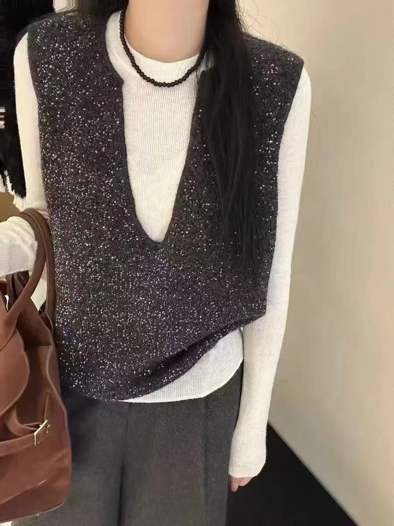 小朵家 真漂亮！冬天第一件调性小香风亮片马甲8003