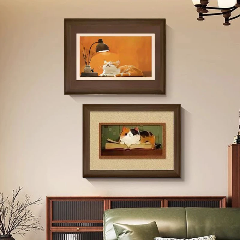 FR21卡通猫咪客厅背景装饰画中古风法式小众挂画治愈系餐厅画