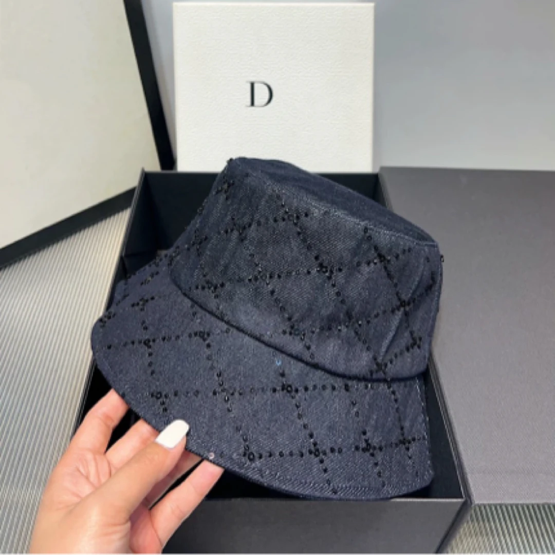 夏季新款牛仔亮片渔夫帽百搭水钻遮阳盆帽防晒水桶太阳帽