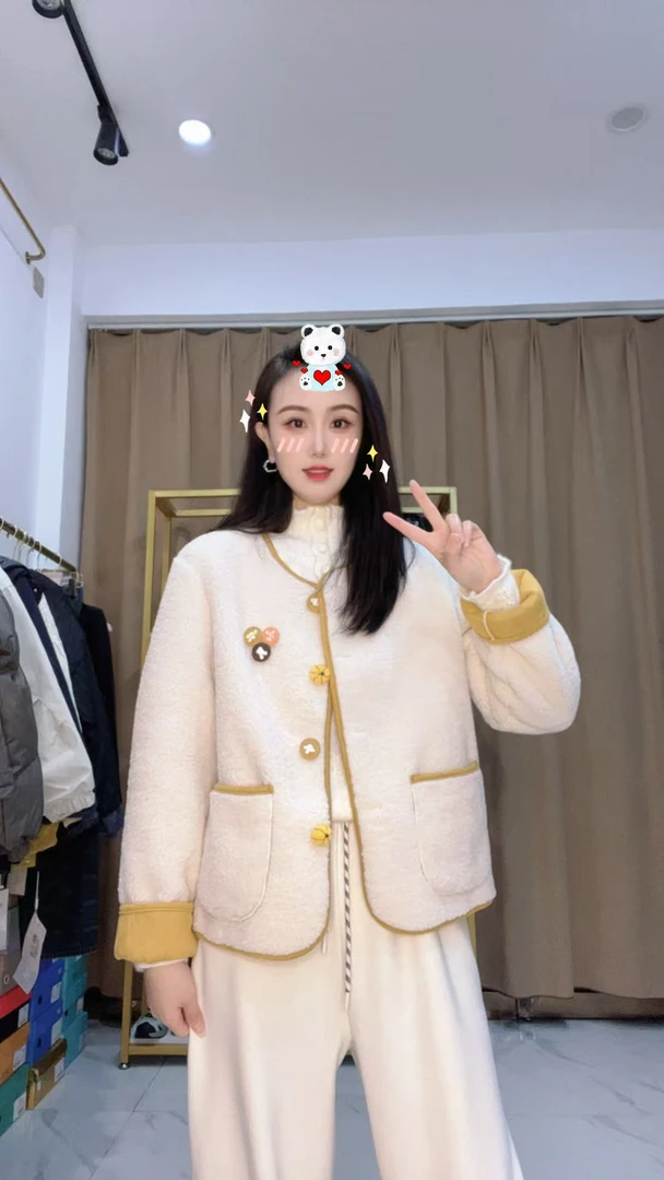 SHUSHU 小香风拼色洋气毛毛外套