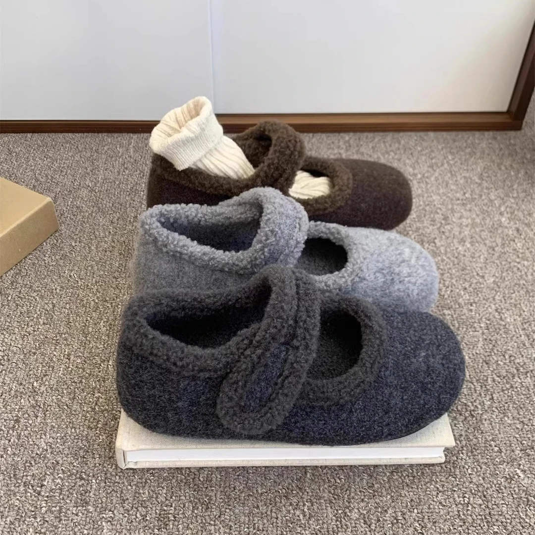 内增高厚底勃肯鞋女加绒灰色玛丽珍毛毛鞋女冬外穿韩版呢子棉鞋子
