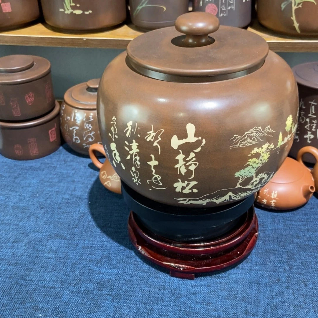3建水紫陶手工彩填醒茶罐
