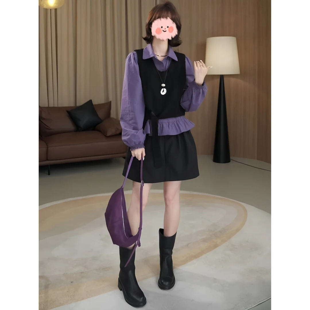 早秋小众设计感POLO领衬衫绑带针织马甲今年新款显瘦百搭短裙套装