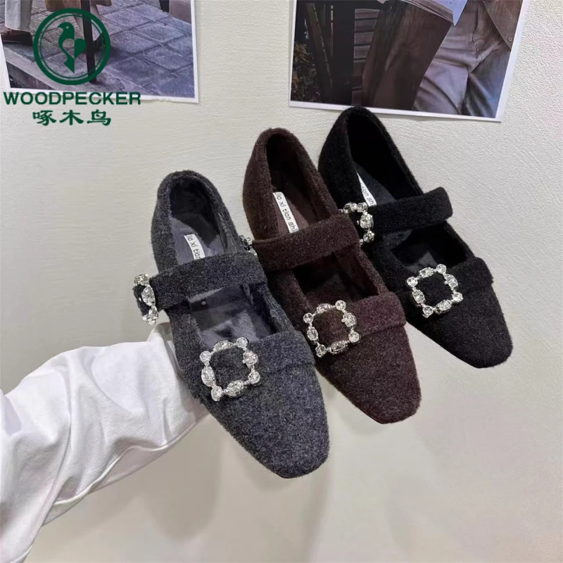 啄木鸟内增高方头水钻单鞋女鞋子2025秋冬加绒灰色毛毛鞋玛丽珍鞋