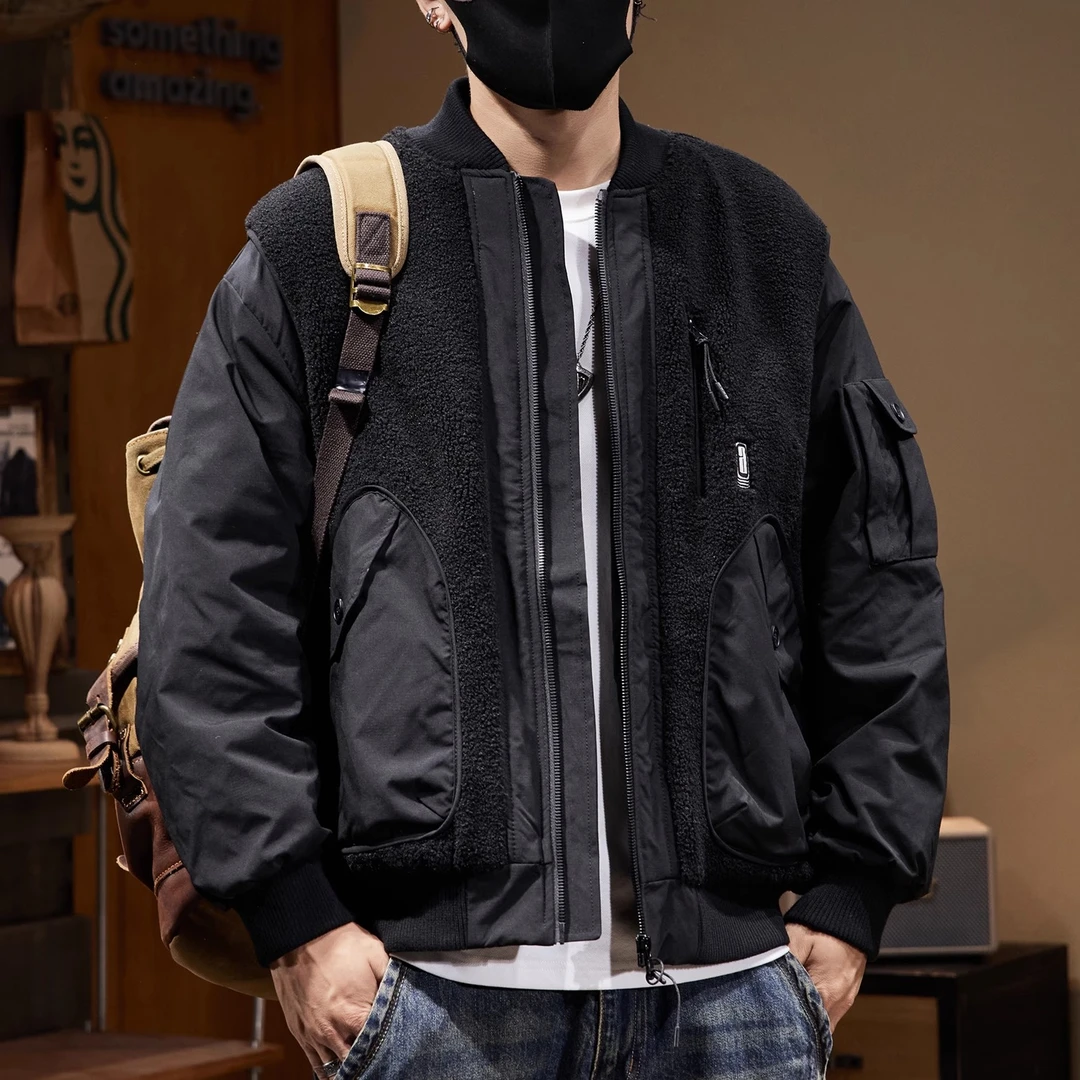 假两件重磅摇粒绒拼接飞行工装棉服男士棒球服冬季保暖棉衣外套男