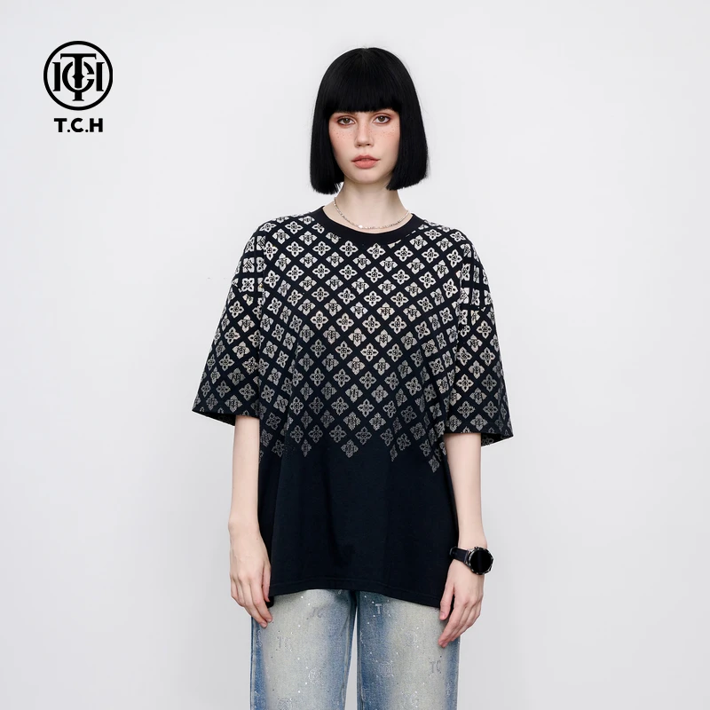 TCH 街头潮流烫钻休闲时尚宽松凉感短袖T恤男女同款T75A106001