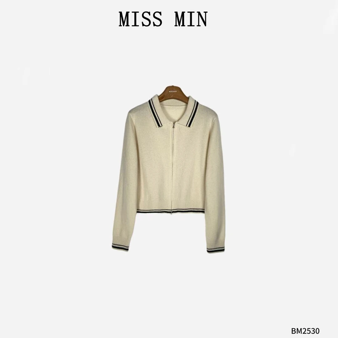MISS MIN【日记】翻领拉链撞色针织设计小众女宽松百搭上衣 BM2530