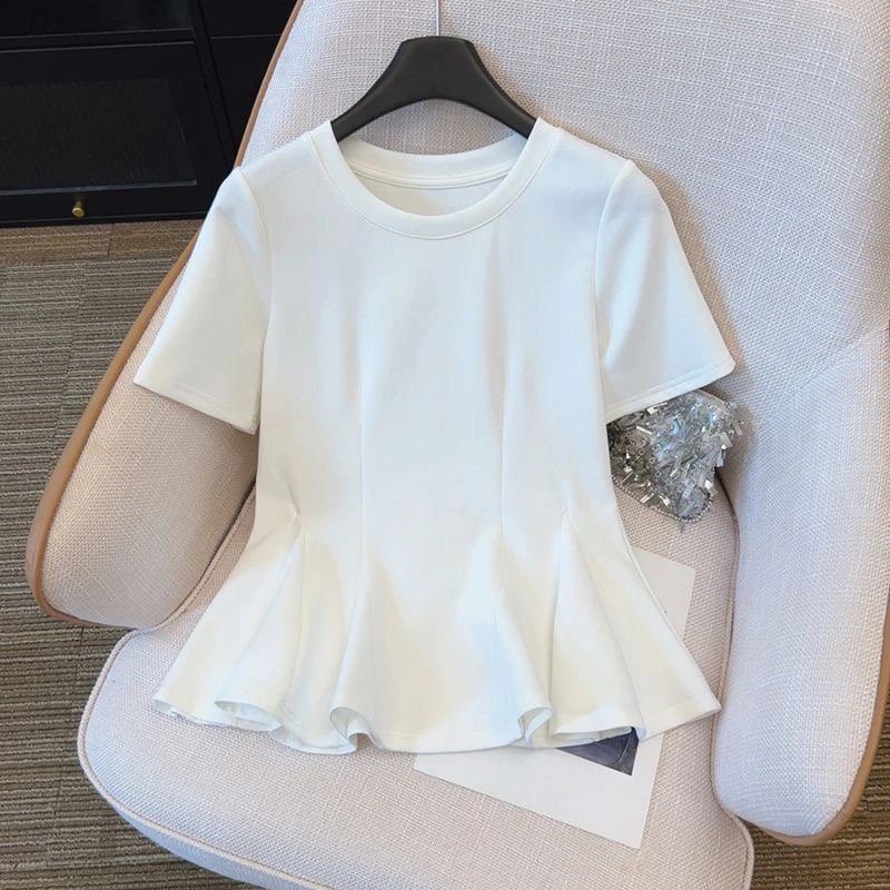 棉大码收腰显瘦褶皱荷叶边正肩T恤女装夏季新款胖MM洋气短袖上衣