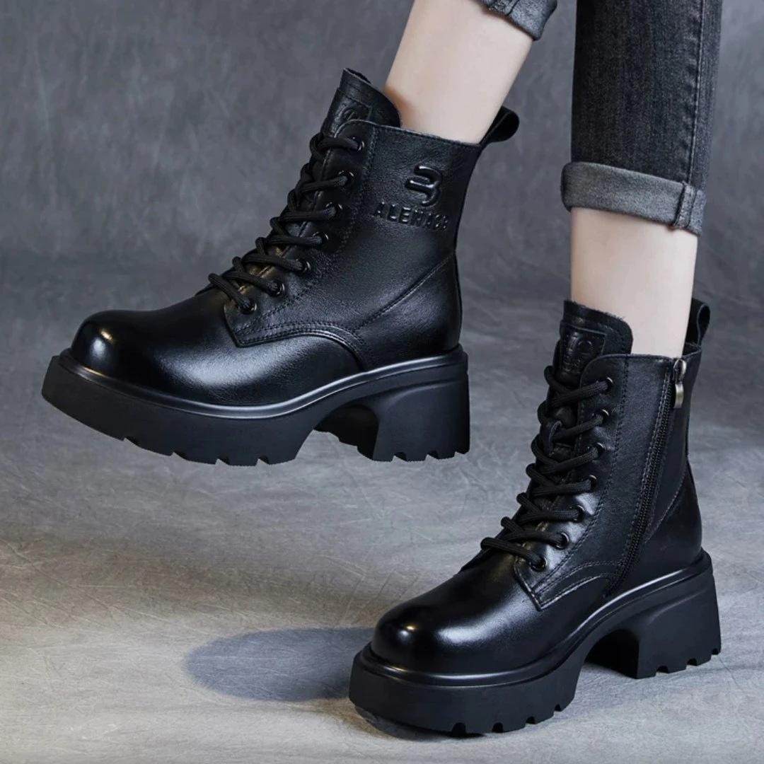 头层牛皮英伦风马丁靴女秋冬加绒保暖厚底中跟百搭短靴时尚女鞋