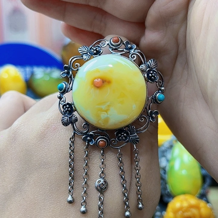 琥珀银S925镶嵌颈饰戒指