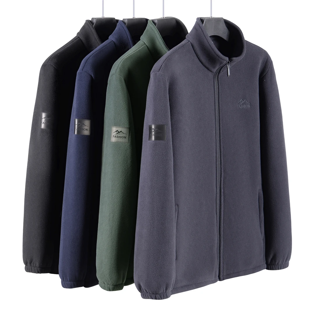 男士立领抓绒长袖纯色拉链保暖加绒上衣户外保暖中老年男装爸爸装