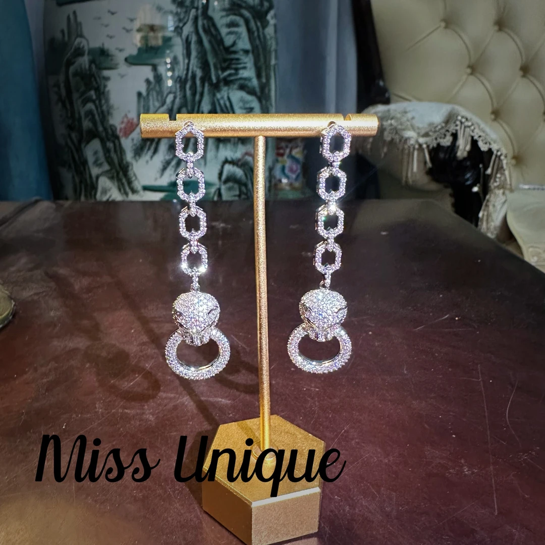 S6632金色银色双头豹锁扣流苏耳环