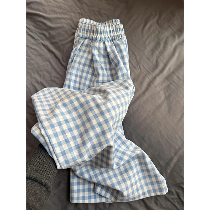 【蓝色格纹】韩系甜美简约睡裤女夏季爆款高腰直筒宽松休闲遛弯长裤