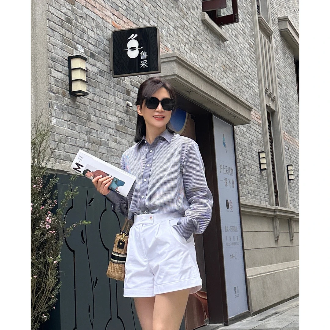 ZZ·DANGDANG春夏休闲棉弹阔腿高腰折边短裤宽松纯色短款12723034