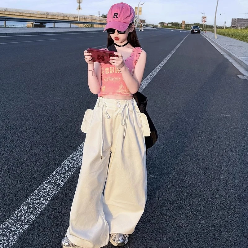 女童夏季背心工装裤2025新款中大童儿童铆钉上衣长裤夏装两件套潮