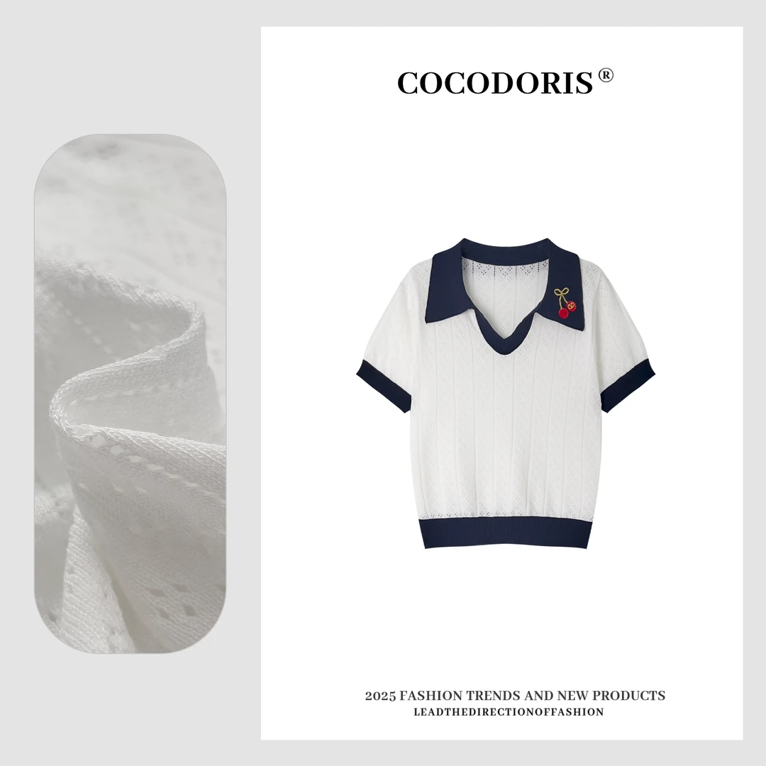 COCO DORIS 2025新款撞色V领刺绣针织短袖通勤百搭休闲上衣8865