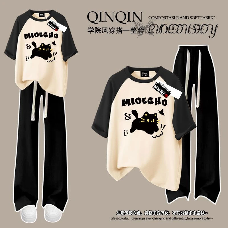 男女童夏季纯棉新款插肩短袖t恤长裤套装复古可爱猫咪印花宽松潮