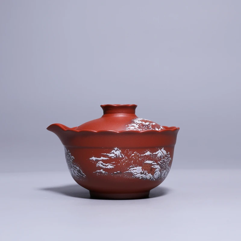 宜兴紫砂朱泥盖碗快客杯